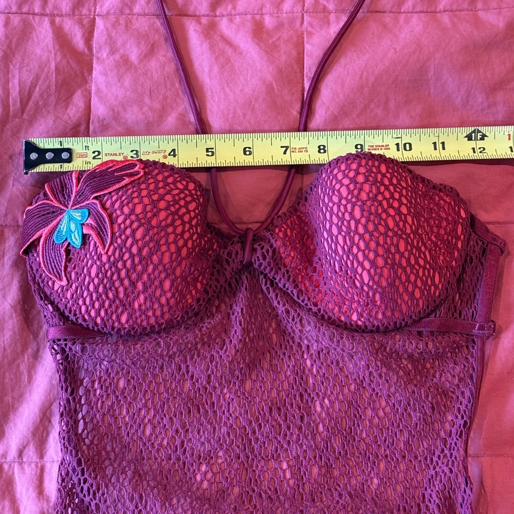 RARE VS, Open back Maroon Mesh Bandeau Bodysuit w/ Tropical Flower Detail - Picture 7 of 10